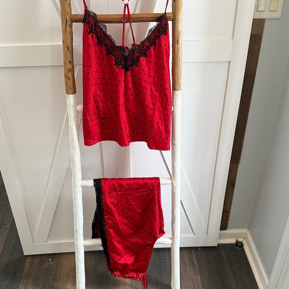 Fredericks of Hollywood Red Black Lace Heart Sleep Pants Set Pajamas M